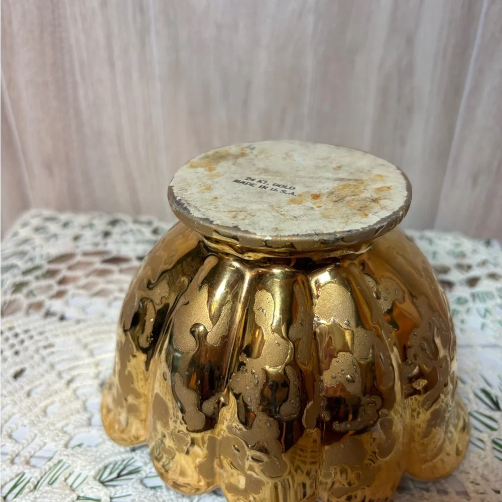 Vintage 24K Plated Weeping Gold Pedestal Bowl Art Vase MCM 50s-60s Made in USA